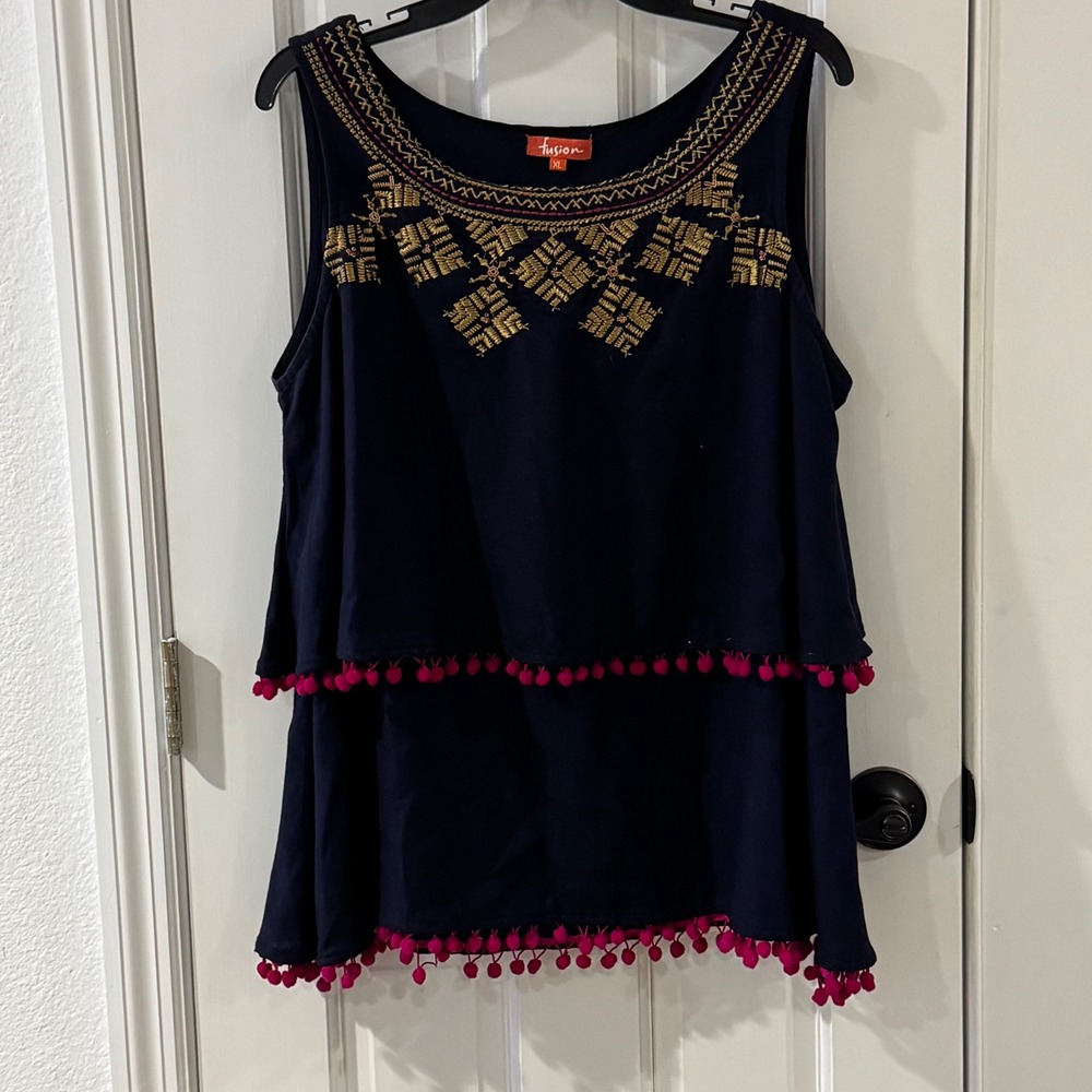 Fusion‎ Navy Embroidered Sleeveless Pom Pom Hem Top - XL